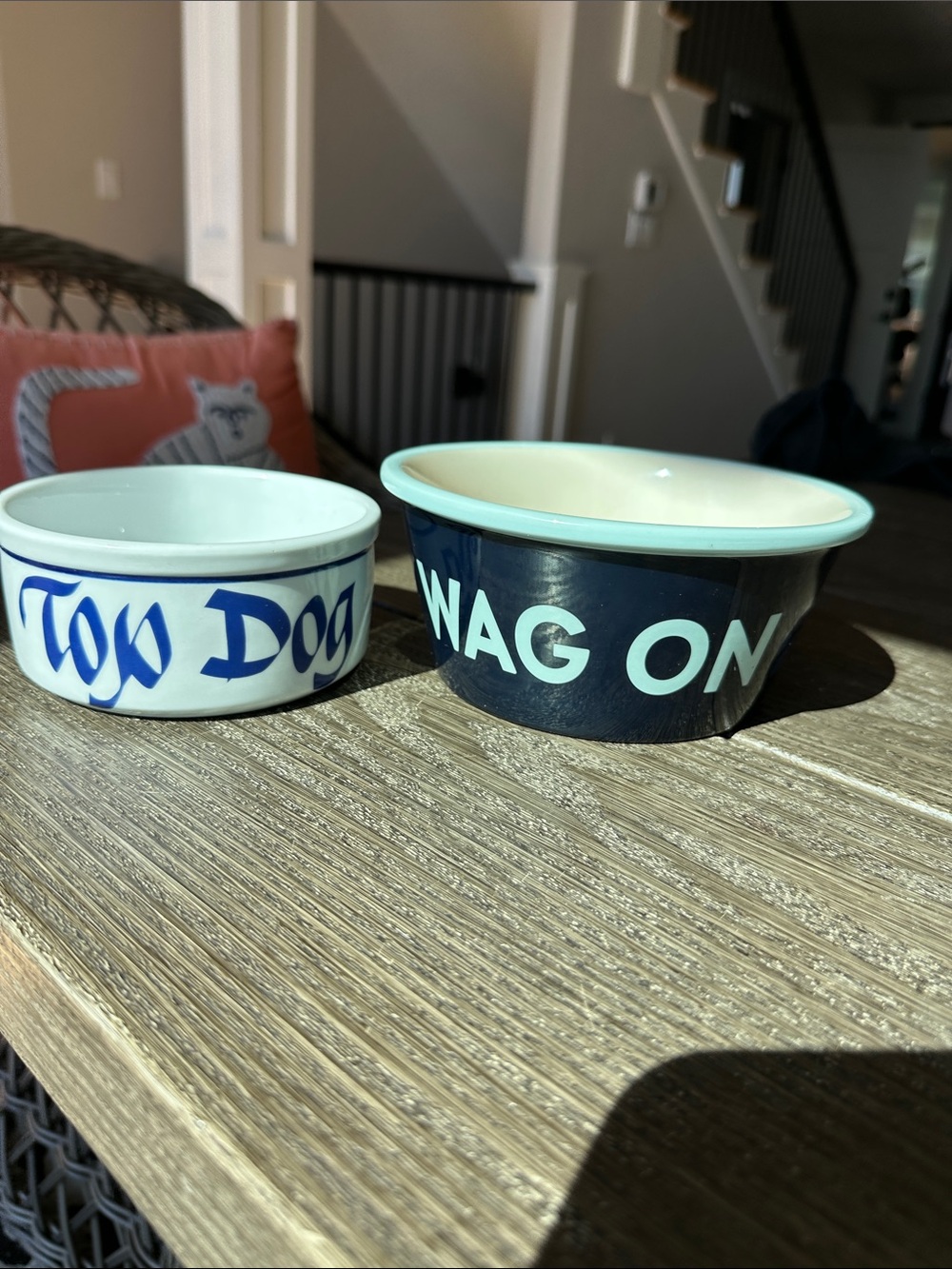 Set of two dog dishes in excellent shape top dog and wag on life is good 5/7D